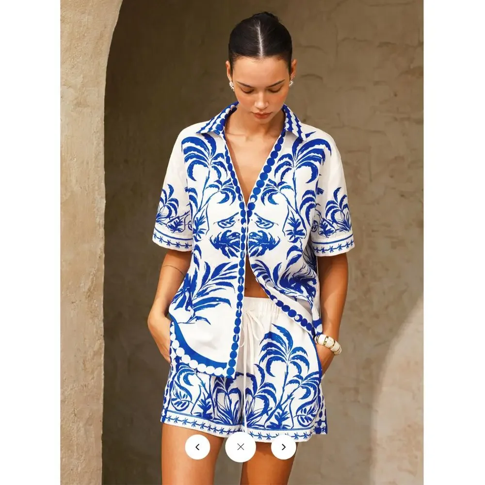 NWT Commense Palm Tree Print Shirt & Drawstring Shorts Set Sz S